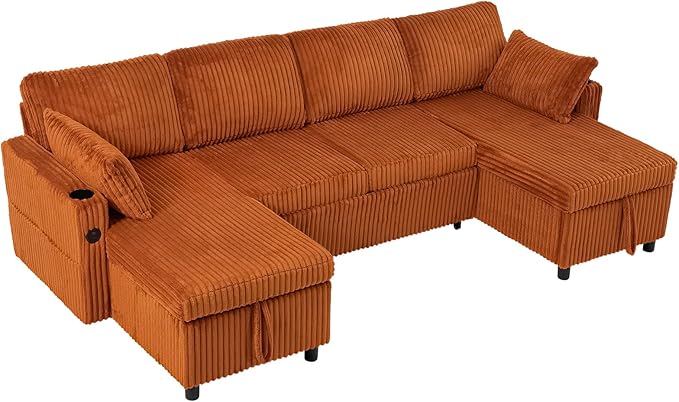110" Corduroy Pull Out Sofa Bed w/Adjustable Backrests, Sectional U-Shape Sleeper Sofa w/Storage Chaise, Convertible Couch Bed w/USB Charging Port & Cup Holders for Living Room, House, Orange