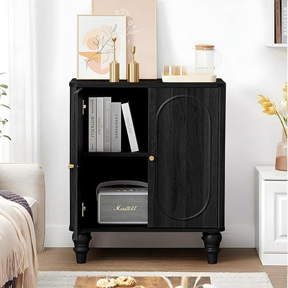 ORRD Fluted Storage Cabinet, Modern Credenza Wooden Accent Sideboard Buffet Cabinet with Adjustable Shelves and Solid Wood Legs, Console Table for Kitchen Dining Living Room Entryway, Black