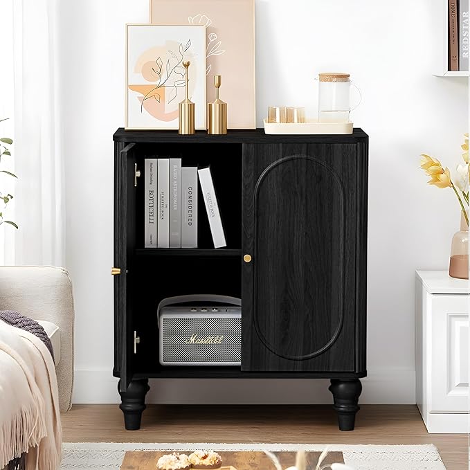 ORRD Fluted Storage Cabinet, Modern Credenza Wooden Accent Sideboard Buffet Cabinet Set of 2 with Adjustable Shelves and Solid Wood Legs, Console Table for Kitchen Dining Living Room Entryway, Black