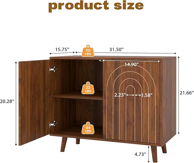 Accent Cabinet with Carving Lines, Modern Buffet Sideboard with Adjustable Shelves, Decorative Storage Cabinets for Bedroom Living Room Kitchen Office and Hallway (Walnut, 1)