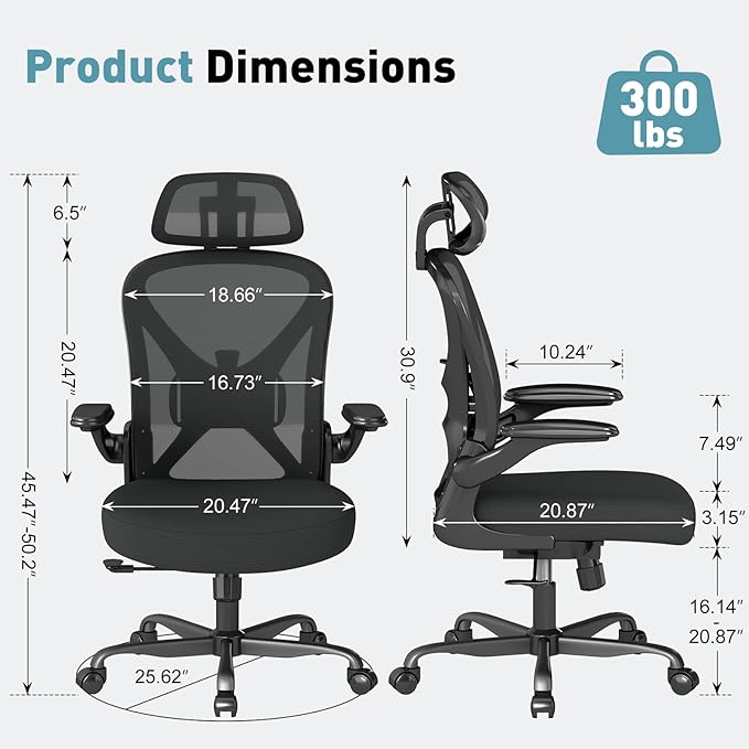 ZZH Ergonomic Office Chair Set of 2 with Adjustable Lumbar Support and Headrest, Mesh Home Office Desk Chair with Wheels and Flip-up Arms, Black