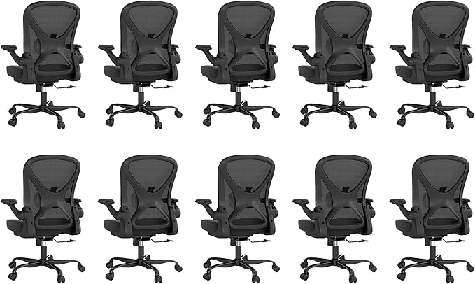 ZZH Ergonomic Office Chair Set of 10 with Adjustable Lumbar Support, Mesh Home Office Desk Chair with Wheels and Flip-up Arms, Black