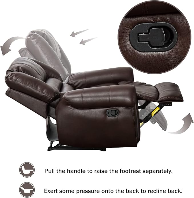 CANMOV Leather Recliner Chair, Classic and Traditional Manual Recliner Chair with Comfortable Arms and Back Single Sofa for Living Room, Brown