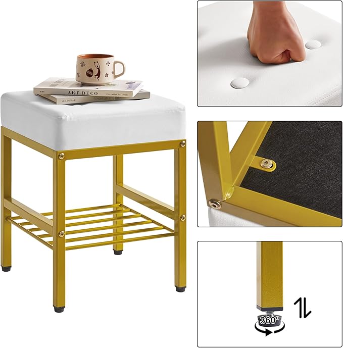 IBUYKE Square Makeup Stool with Adjustable Feet and Storage Space, Footrest Chair, PU Vanity Seat, Multi-Use as Small Side Table or Ottoman, for Bedroom, White LG-60W