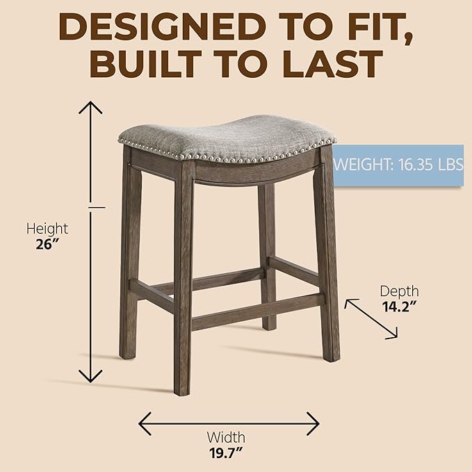 ROME + OAK Set of 3 Parker 26 Inch Counter Stool, Backless Saddle Kitchen Barstool in Walnut Finish with Grey Fabric Upholstery Cushion Seat