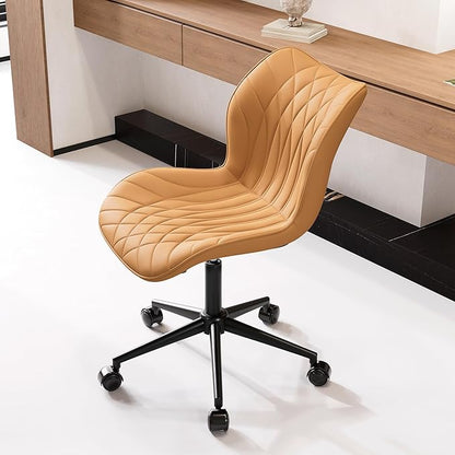 YOUNUOKE Armless Desk Chair Comfy Office Chair with Wheels Home Ergonomic Task Chair Adjustable Computer Chairs Modern Faux Leather Swivel Chair Upholstered Makeup Vanity Chair with Back(Camel)