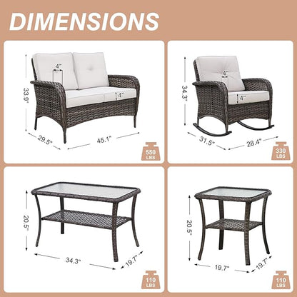 COOS BAY Vintage Courtyard Patio Furniture Set, Wicker Outdoor Furniture, Patio Conversation Sets, 2 Rocking Chairs, Loveseat, Coffee Table and Side Table, 5 Pieces, Gray/Beige