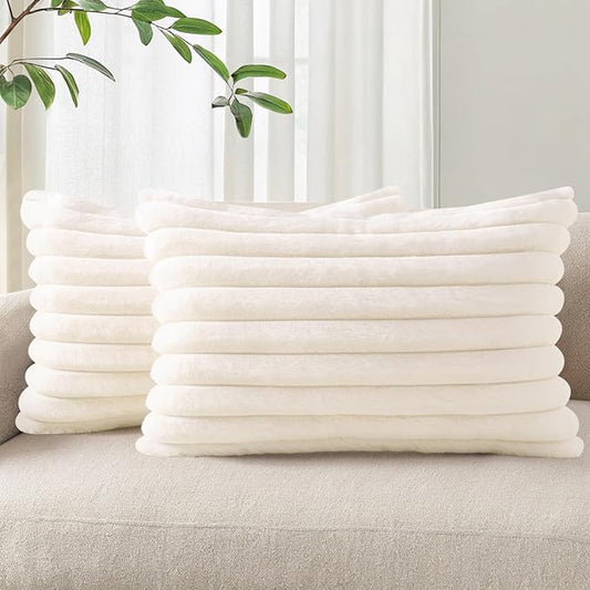 Pallene Faux Fur Plush Lumbar Christmas Throw Pillow Covers 12x20 Set of 2, Luxury Soft Fluffy Striped Decorative Pillow Covers for Sofa, Couch, Living Room, Cream White