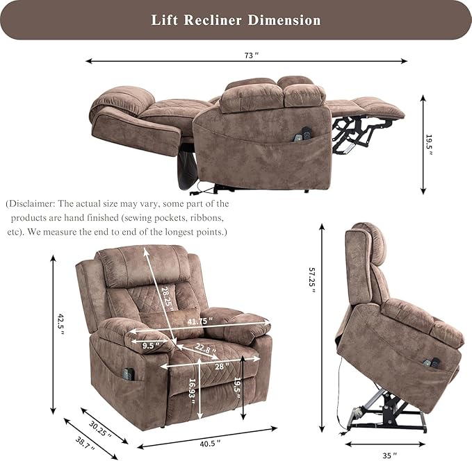 Big Man Power Lift Recliner for Elderly Adults 28 Inch Wide Seat, Lay Flat Lift Chair with Heat Massage, Arm Storage Cup Holders, USB Type C Charging, Oversized Recliner 400 lbs