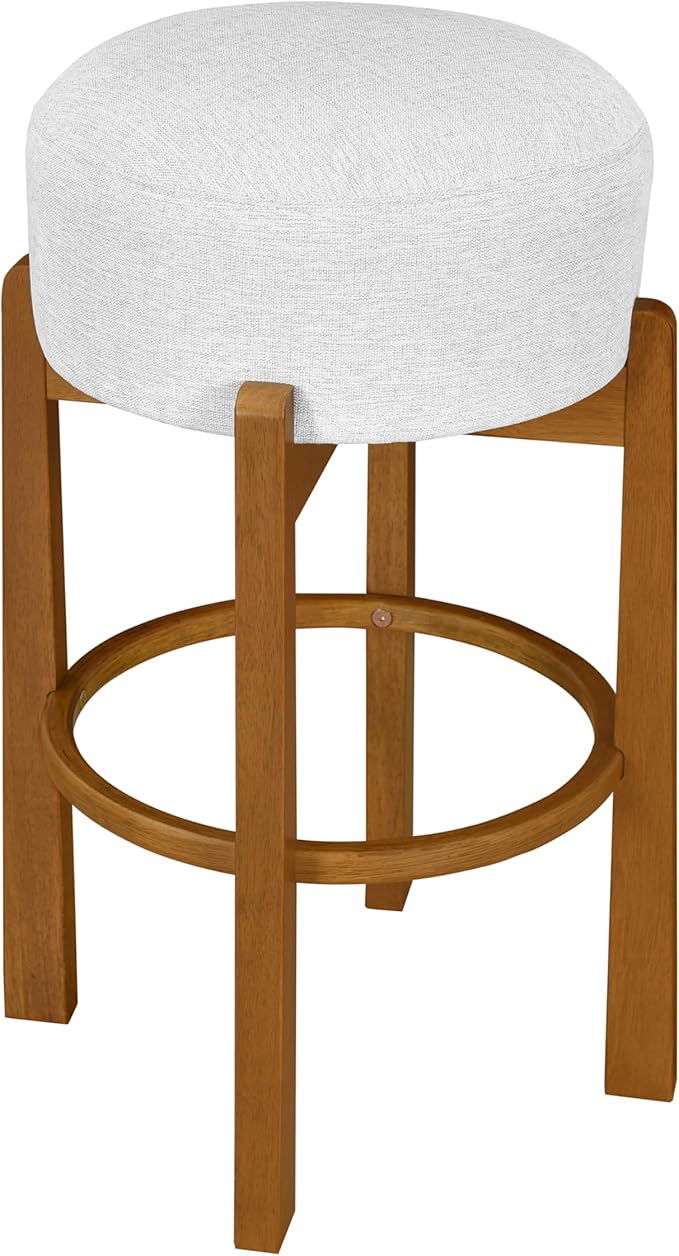 Christopher Knight Home Lera Modern Counter Height Bar Stools Set of 4, Fabric Round Stool Chair for Kitchen Island, Wooden Dining Room Chair, Upholstered Counter Stool with Footrest, Walnut+Ivory