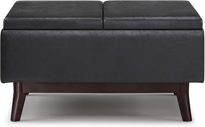 SIMPLIHOME Owen 34 inch Wide Mid Century Modern Rectangle Tray Top Small Coffee Table Storage Ottoman in Distressed Black Vegan Faux Leather, Assembled, for the Living Room, Entryway and Family Room