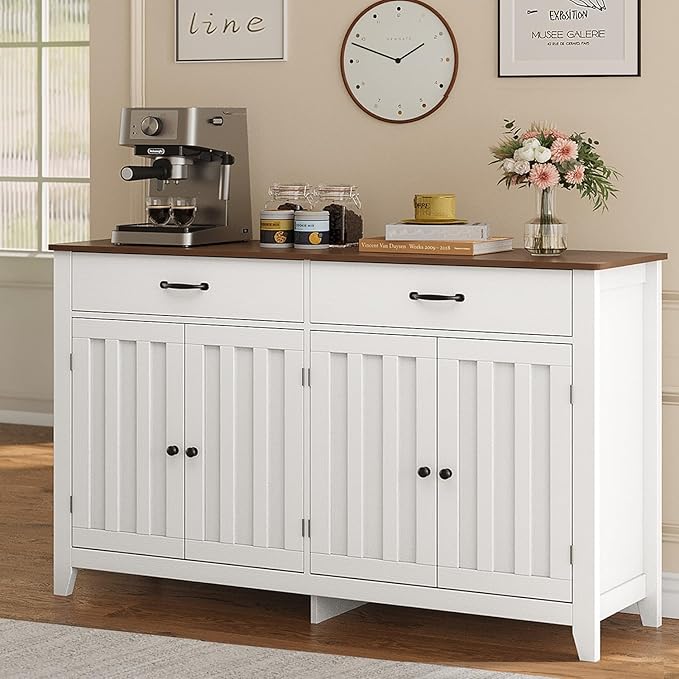 Gizoon 55" Buffet Cabinet with Storage, Sideboard Buffet with Drawers and Doors, Kitchen Storage Cabinet, Kitchen Pantry Adjustable Shelf, Metal Handle, Anti-Dumping, R Angle, Retro