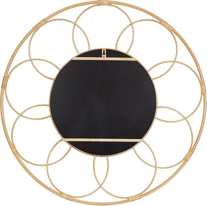 Kate and Laurel Cori Boho Round Mirror; 34 Inch Diameter; Natural; Light Decorative Metal Mirror with Rattan Accenting for Coastal Home Wall Decor