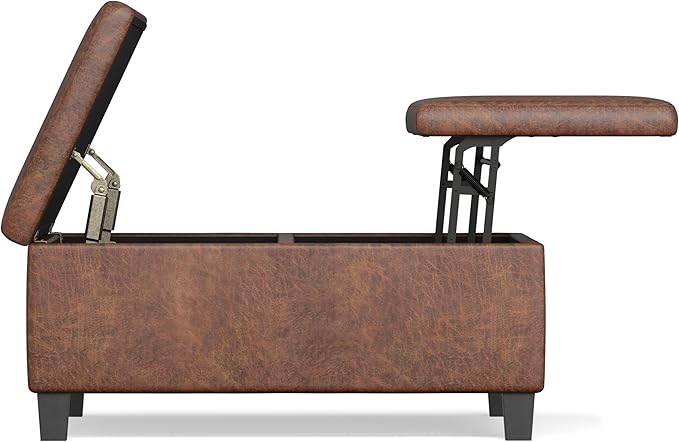 SIMPLIHOME Ellis 36 inch Wide Contemporary Square Coffee Table Storage Ottoman in Distressed Saddle Brown Vegan Faux Leather, Assembled, For the Living Room and Bedroom