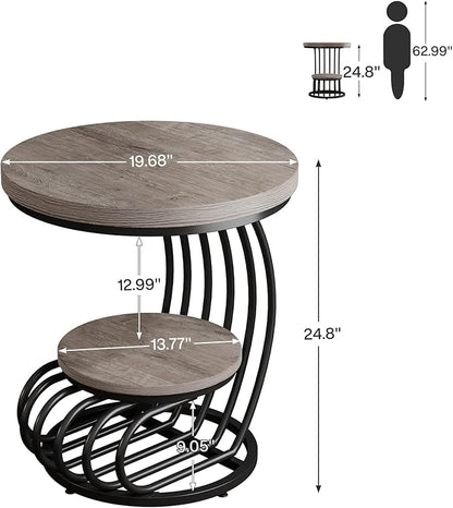 Tribesigns Round End Table: 2 Tiers Wood Side Table Set of 2 with Storage Shelf, Rustic Gray Bedside Nightstand, Accent Table for Living Room, Bedroom