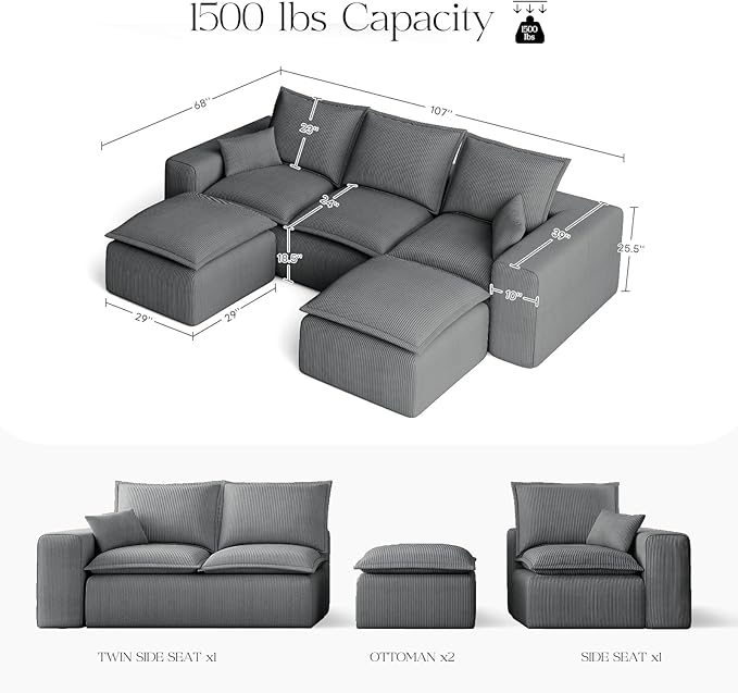 107" Comfy Cloud Couch with U-Shape Chaise & Deep Seat, Modular Sectional Sofa in a Box, Boneless Upholstered Couches for Living Room, No Assembly Required (Soft Corduroy, Gray)