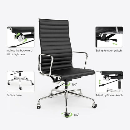 Ribbed Office Chair with Top Grain Leather - High Back Ergonomic Desk Chair with Aluminum Arms & Frame, Swivel Wheels & Tilt Function, Adjustable Height