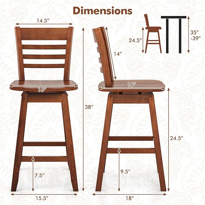 COSTWAY Bar Stools Set of 4, 24.5 Inch Swivel Counter Height Bar Chairs with Hollow Backrest & Contoured Seat, with Footrest for Kitchen Island, Pub, Bistro, Cafe (4, Walnut)