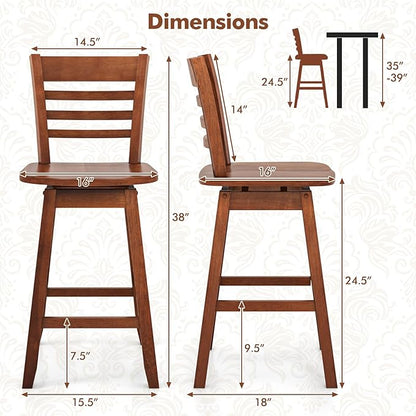 COSTWAY Bar Stools Set of 2, 24.5 Inch Swivel Counter Height Bar Chairs with Hollow Backrest & Contoured Seat, with Footrest for Kitchen Island, Pub, Bistro, Cafe (2, Walnut)