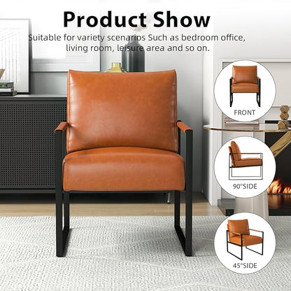 INZOY Leather Accent Chair with Metal Frame, Comfy Living Room Chair with Plump Backrest and Cushion, Mid Century Modern Chair with Sturdy Structure, Easy to Clean, Brown