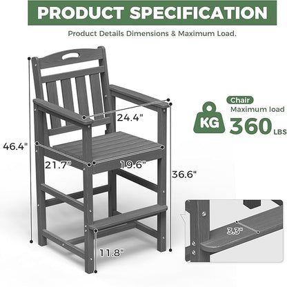 HDPE Outdoor Patio Tall Bar Chair, All-Weather Bar Height Balcony Adirondack Stools for Bistro, Garden, Backyard, Deck | Grey