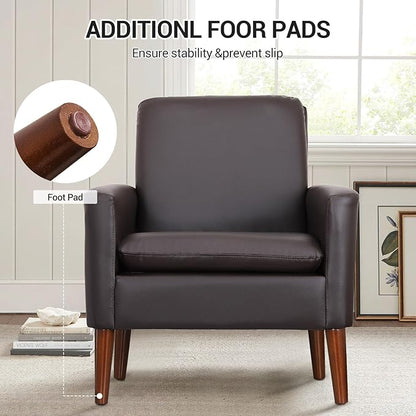 Lohoms Faux Leather Accent Chair, Upholstered Living Room Armchair, Comfortable Reading Leisure Chairs for Bedroom, Guest Room, Waiting Room Furniture Seat- Brown