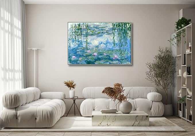 Wieco Art Extra Large Silver Framed Canvas Print Water Lilies by Claude Monet Paintings Reproduction Modern Canvas Wall Art for Home and Office Decoration Abstract Artwork