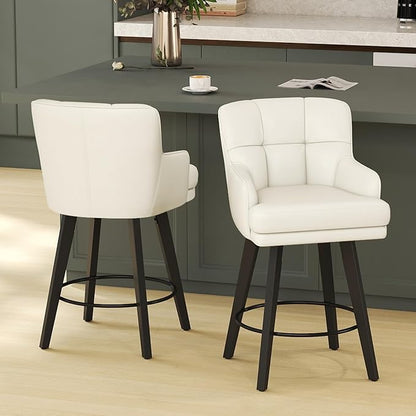 360°Swivel Counter Height Bar Stools with Back, 26 inch Solid Wood Legs, Bar Stool Modern Kitchen Island Chairs, Faux Leather (Beige- Faux Leather, 26" H- Set of 2)