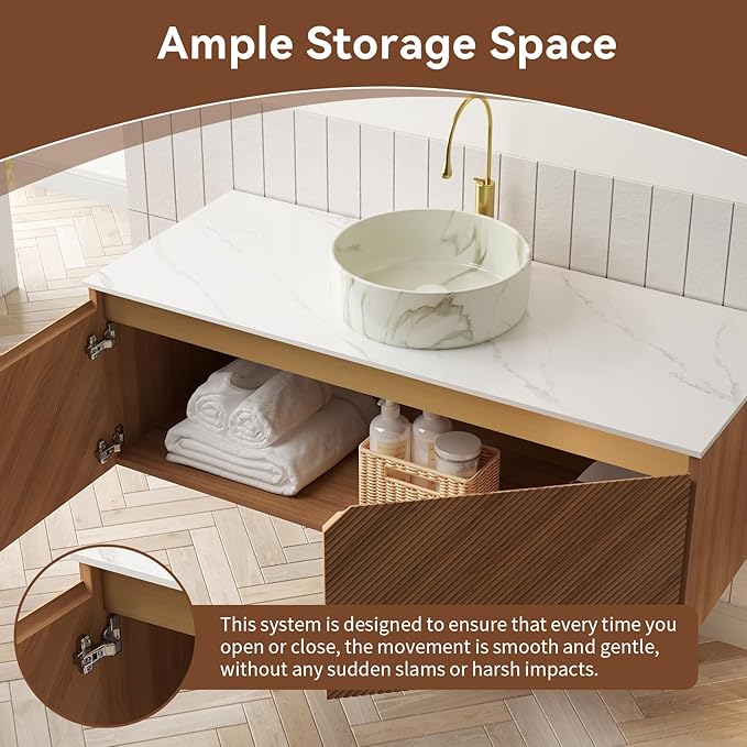 48 Inch Bathroom Vanity with Sink, Floating Fluted Vanity with Vessel Sink, Modern Wall Mounted Bathroom Vanity Cabinet with 2 Doors, Ceramic Sink with Stone Pattern & Sintered Stone Top, Oak