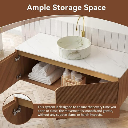48 Inch Bathroom Vanity with Sink, Floating Fluted Vanity with Vessel Sink, Modern Wall Mounted Bathroom Vanity Cabinet with 2 Doors, Ceramic Sink with Stone Pattern & Sintered Stone Top, Oak