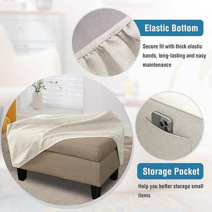 H.VERSAILTEX Sturdy Ottoman Cover Folding Storage Stool Furniture Protector Soft Rectangle Slipcover with Storage Side Pocket Fit Length 33"-34" Footrest Removable Washable - Heather Ivory