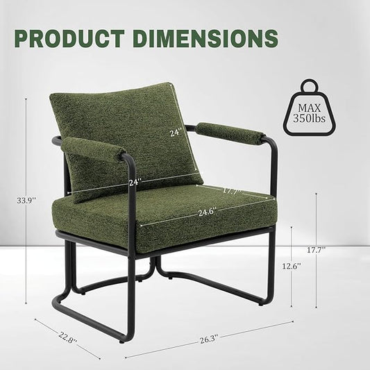 Single Accent Chair for Living Room, Mid Century Modern Upholstered Reading Armchair for Bedroom, Office, with Comfy Chenille Cushion Back & Metal Frame, Green