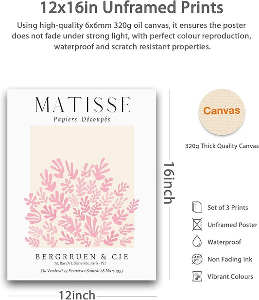 HesenDot Unframed Matisse Pink Wall Art,12x16in Canvas Prints Poster,Set of 3 Modern Abstract Wall Decor Posters,Minimalist Home Decoration for Living Room Bedroom Office