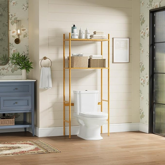 2 Tier Over The Toilet Organizer Rack Bamboo, Freestanding Bathroom Toilet Storage Shelf, Space Saving and Easy to Install, Adjustable Feet, Adjustable Bottom Rod