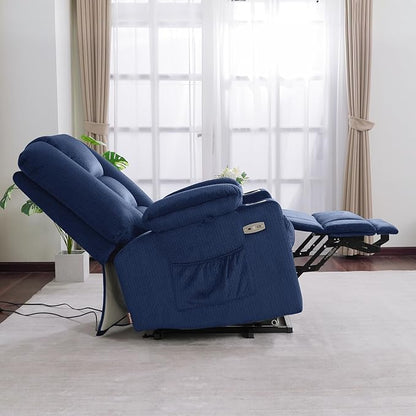 MCombo Oversized Power Lift Recliner Chair Sofa with Massage and Heat for Elderly People Petite, USB Ports, Side Pockets, Fabric R7561 (Navy Blue, Small-Oversize)