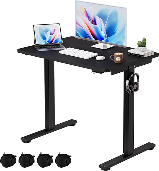 Okin Small Electric Standing Desk, 40 x 24 Inches Whole Piece Height Adjustable Desk, Black Sit to Stand Desks Computer Workstation with Wheels for Home Office
