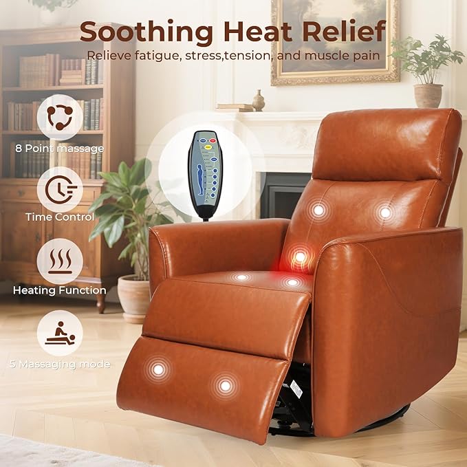 Homdox Power Recliner Chair Swivel Glider with Massage and Heat, Living Room Nursery Reclining Chair with USB, Faux Leather, for Small Spaces, Orange-Brown