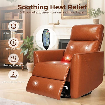 Homdox Power Recliner Chair Swivel Glider with Massage and Heat, Living Room Nursery Reclining Chair with USB, Faux Leather, for Small Spaces, Orange-Brown