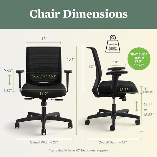 HON Convergence Ergonomic Office Chair, Breathable Back Support Mesh, Adjustable Arms, Computer Chair with Lumbar Support, Rolling Swivel Wheels, Comfortable Synchro-Tilt Recline, Fabric, Bark