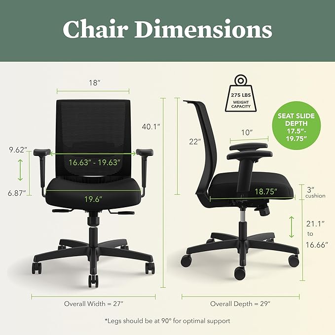 HON Convergence Ergonomic Office Chair, Breathable Back Support Mesh, Adjustable Arms, Computer Chair with Lumbar Support, Rolling Swivel Wheels, Comfortable Synchro-Tilt Recline, Fabric, Indigo
