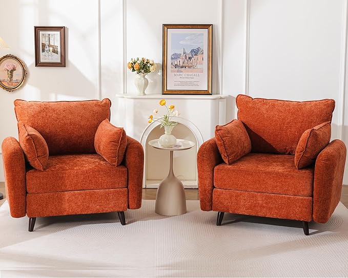 Oversized Accent Chair Set of 2,All Seats Storage,Comfy Armchair,24.5'' Deep Seat,Upholstered Living Room Chairs,Reading Chair for Bedroom,Office,Chenille,Orange