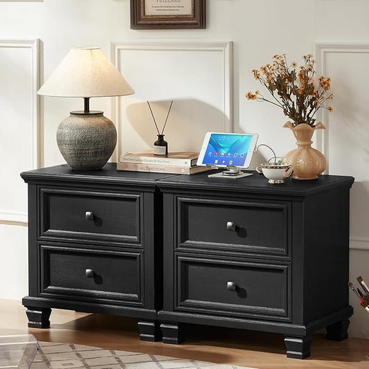 Farmhouse Nightstand Set of 2, Rustic Low Nightstands with 2 Drawers & Charging Station, Vintage Night Stands with 4 Square Solid Wood Legs, Small Dresser for Bedroom, Home, Black
