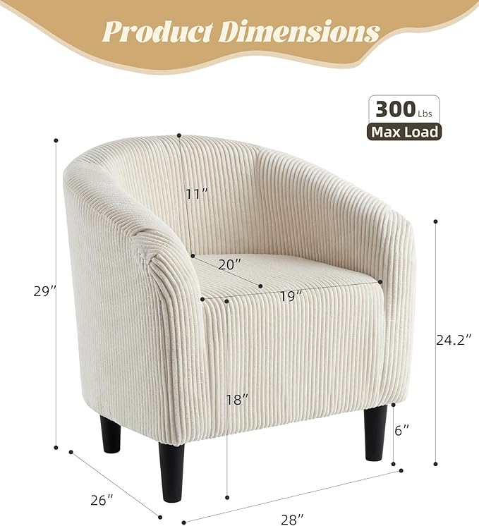 GarveeHome Barrel Accent Chair Corduroy Club Chair Elegant Armchair Cozy Backrest for Living Room Bedroom Reception Room Office - Beige