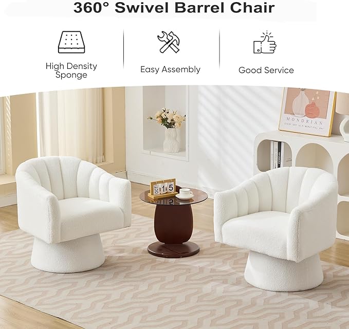 Swivel Accent Chair Set of 2, Upholstered Teddy 360° Swivel Barrel Chair for Living Room Overstuffed Bouncle Reading Chair Round Armchair for Bedroom,Vanity,Office-White