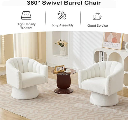 Swivel Accent Chair,Upholstered Teddy 360° Swivel Barrel Chair for Living Room Overstuffed Bouncle Reading Chair Round Armchair for Bedroom,Vanity,Office-White
