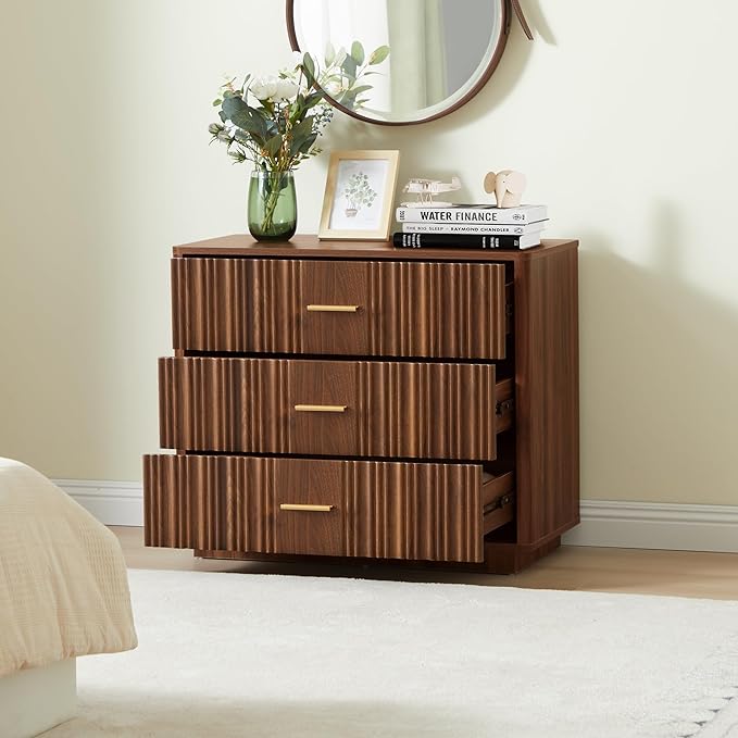 Fluted Dresser for Bedroom with 3 Drawers, 31.5" Wide Modern Chest of Drawers with Metal Handle, Large Storage Dresser, Wood Closet Clothes Storage Organizer for Nursery Living Room, Hallway, Walnut