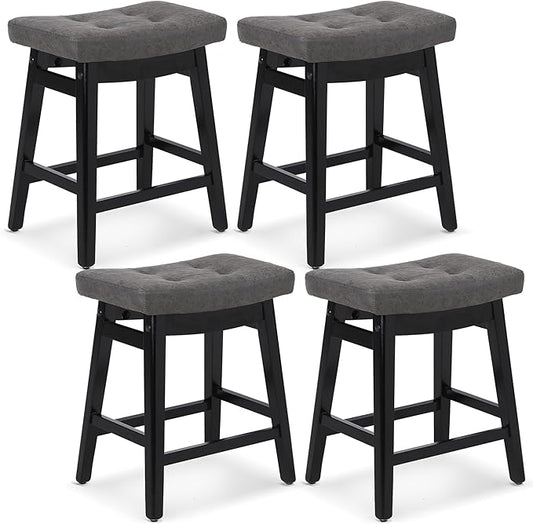 Counter Height Bar Stools Set of 4 for Kitchen Counter Farmhouse Modern Barstools with Faux Leather Upholstered Backless Seat and Solid Wood Legs 24 inch Bar Chairs, Grey + Black