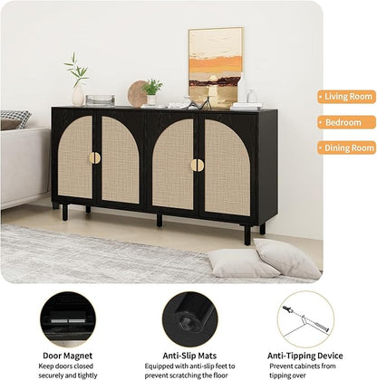Black Sideboard Cabinet with 4 Rattan Doors, Rattan Buffet Cabinet with Adjustable Shelves & Pine Legs, Boho Sideboard Buffet for Living Room, Kitchen, Entryway, Black
