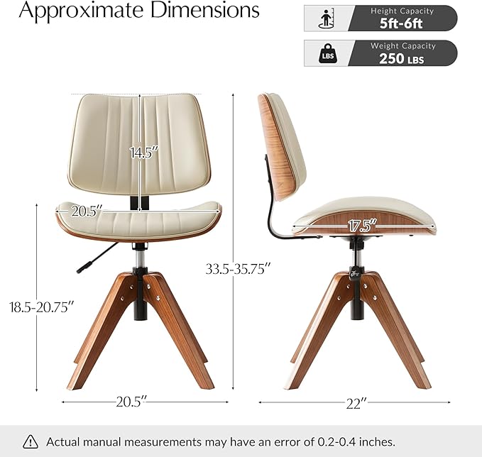 HULALA HOME Office Desk Chair with Solid Wood Legs, Adjustable Height & 360° Swivel, Comfy Bentwood Faux Leather Tufted Task Chair, Ivory