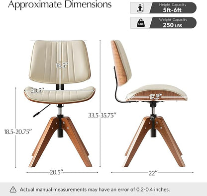 HULALA HOME Office Desk Chair with Solid Wood Legs, Adjustable Height & 360° Swivel, Comfy Bentwood Faux Leather Tufted Task Chair, Ivory